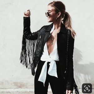 Leather Biker Jacket with Fringe